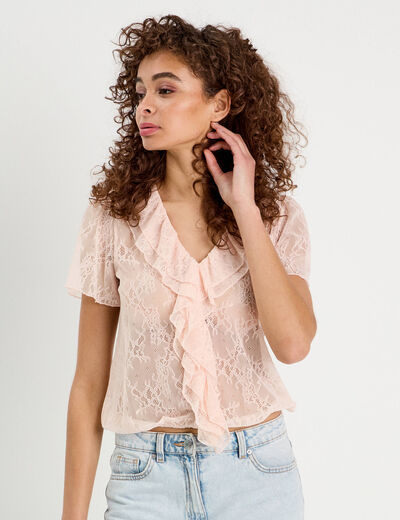 Top dentelle et volants rose clair femme