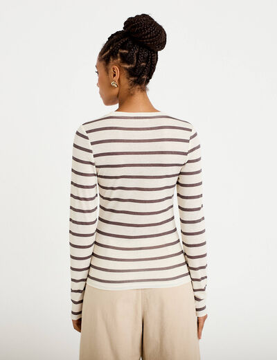 T-shirt ajust&eacute; col rond manches longues ivoire femme