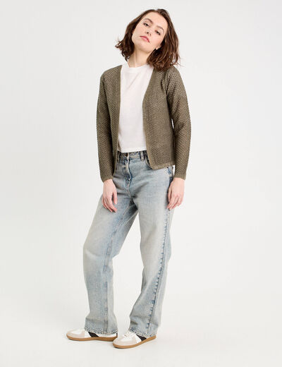 Gilet manches longues ajour&eacute; vert kaki femme