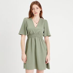 Robe évasée taille élastiquée vert kaki femme