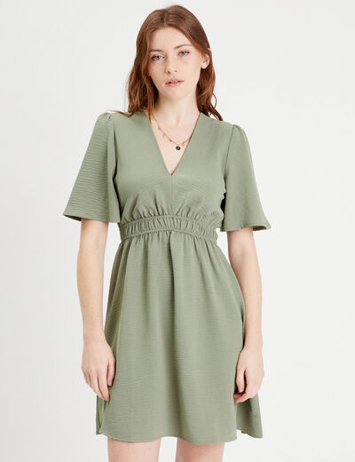 Robe évasée taille élastiquée vert kaki femme
