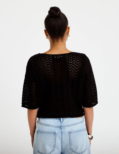 Pull ajour&eacute; aspect dentelle col rond noir femme