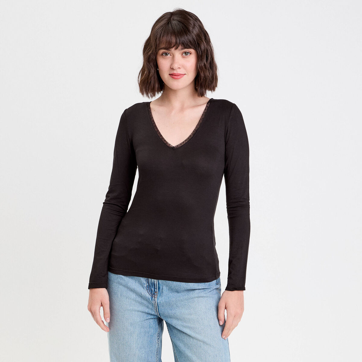 T-shirt thermique col en V plumetis noir femme