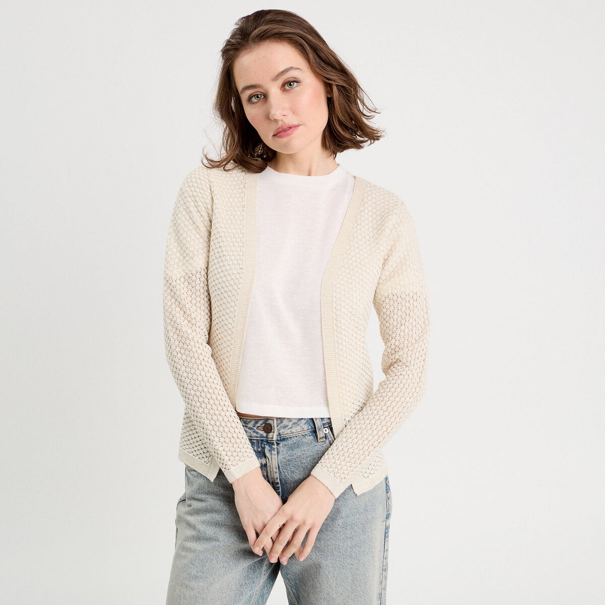 Gilet manches longues ajour&eacute; ecru femme