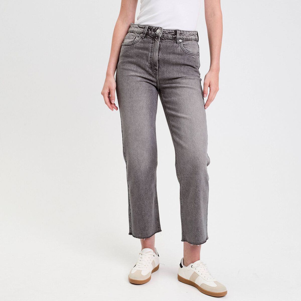 Jeans droit taille haute denim gris femme