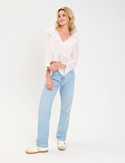 Blouse bi-mati&egrave;re oversize col v ecru femme