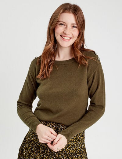 Pull avec boutons épaules vert kaki femme