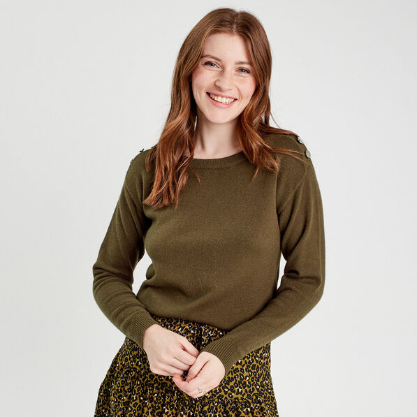 Pull avec boutons épaules vert kaki femme