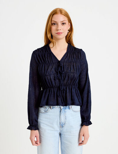 Blouse ajust&eacute;e col v dentelle pliss&eacute;e bleu marine femme