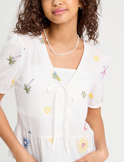 Blouse nouée brodée blanc femme