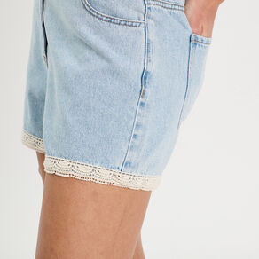 short en jean details dentelle denim bleach femme Short en jean détails dentelle denim bleach femme