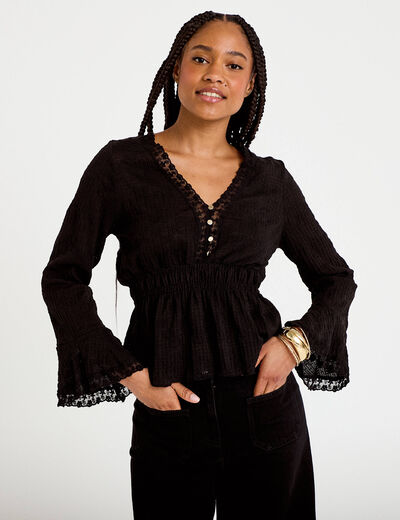 Blouse ajust&eacute;e col v manches longues noir femme