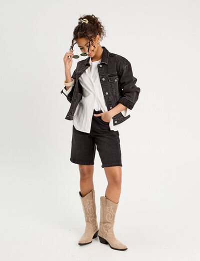 Bermuda large en jean denim noir femme