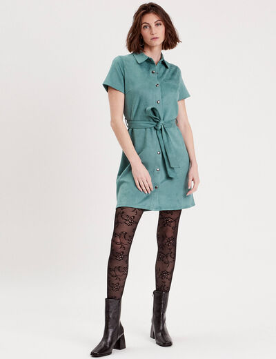 Robe suédine droite ceinturée vert foncé femme
