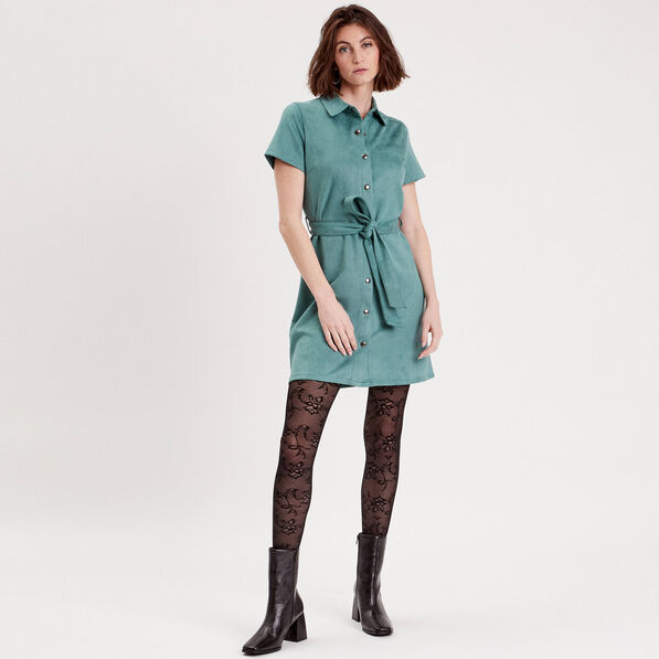 Robe suédine droite ceinturée vert foncé femme