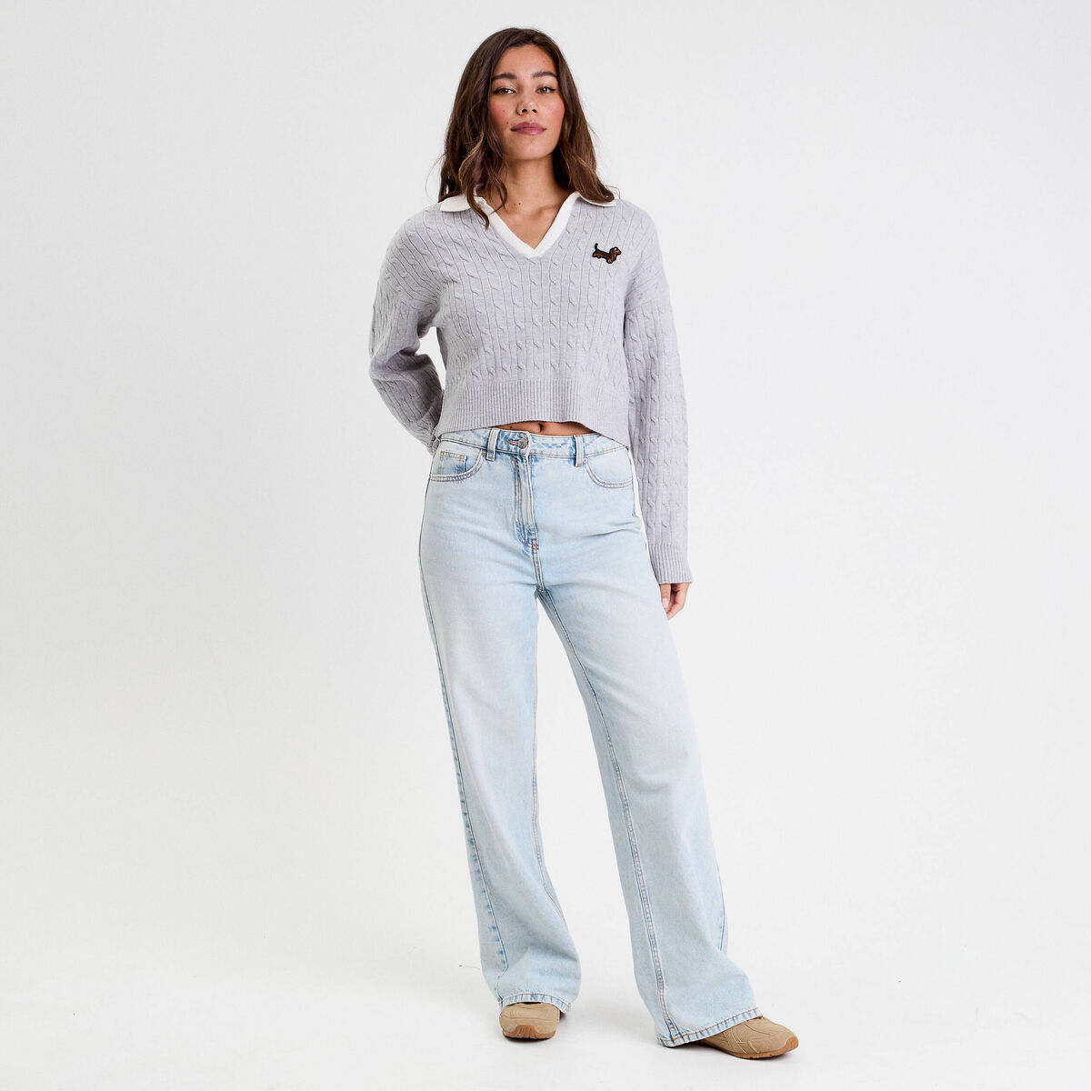 Pull manches longues col polo gris clair femme