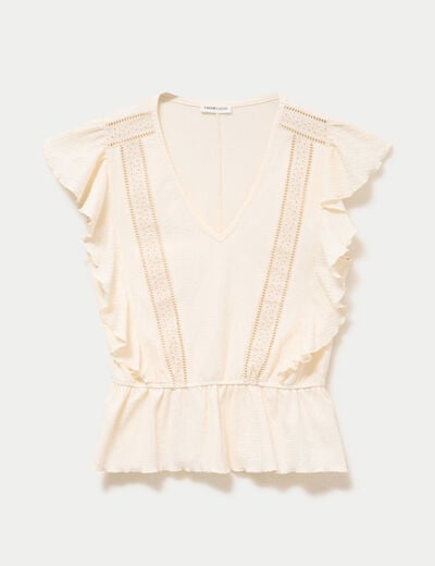 Blouse col rond manches courtes dentelle ecru femme