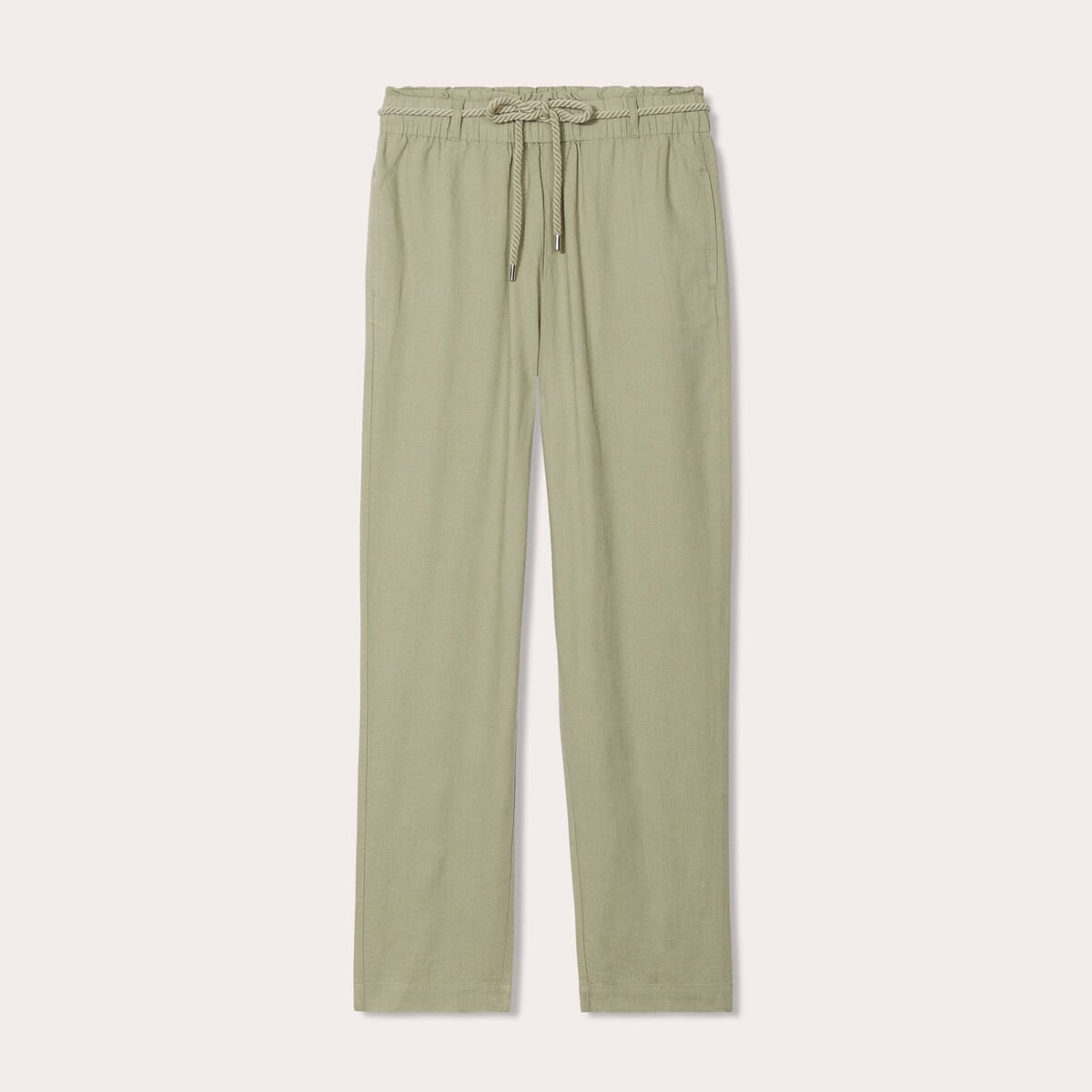 Pantalon droit fluide contenant du lin vert kaki femme