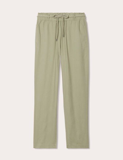 Pantalon droit fluide contenant du lin vert kaki femme