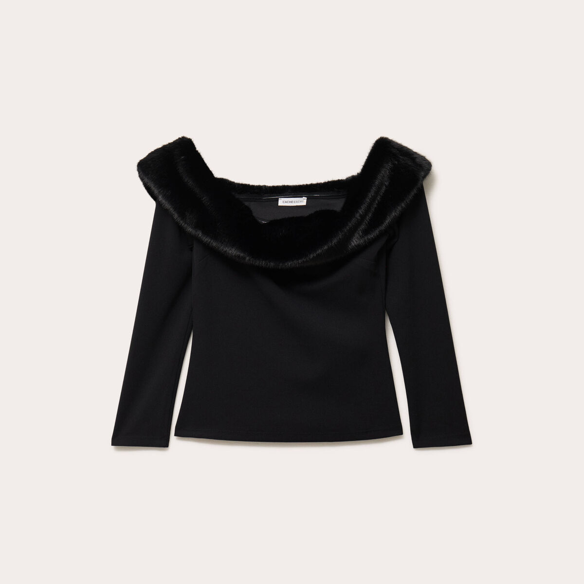 T-shirt col bardot fausse fourrure noir femme