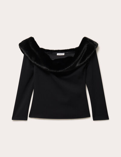 T-shirt col bardot fausse fourrure noir femme