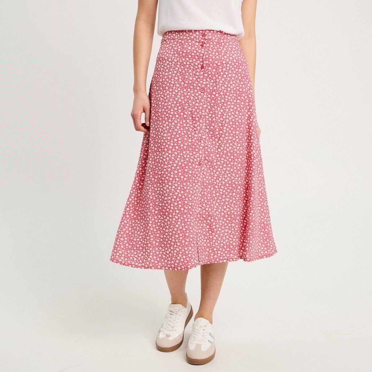 Jupe midi droite boutonnée rose femme