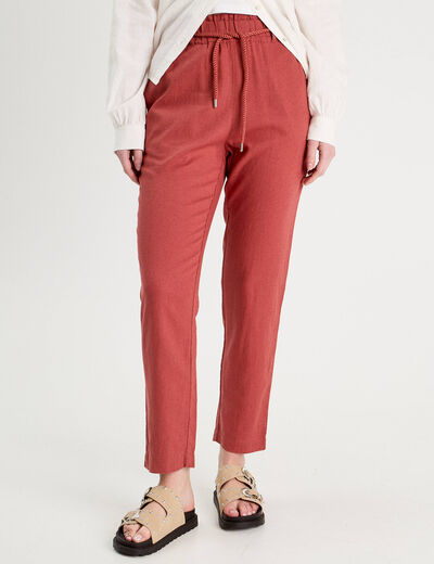 Pantalon droit fluide contenant du lin vieux rose femme