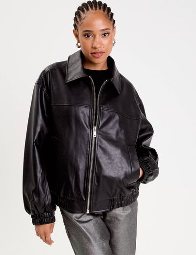 Bomber oversize similicuir col chemise noir femme