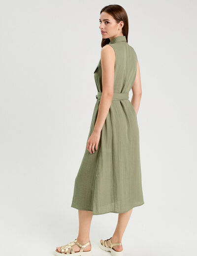 Robe longue évasée boutonnée vert kaki femme