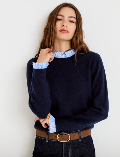 Pull col chemise manches longues bleu marine femme