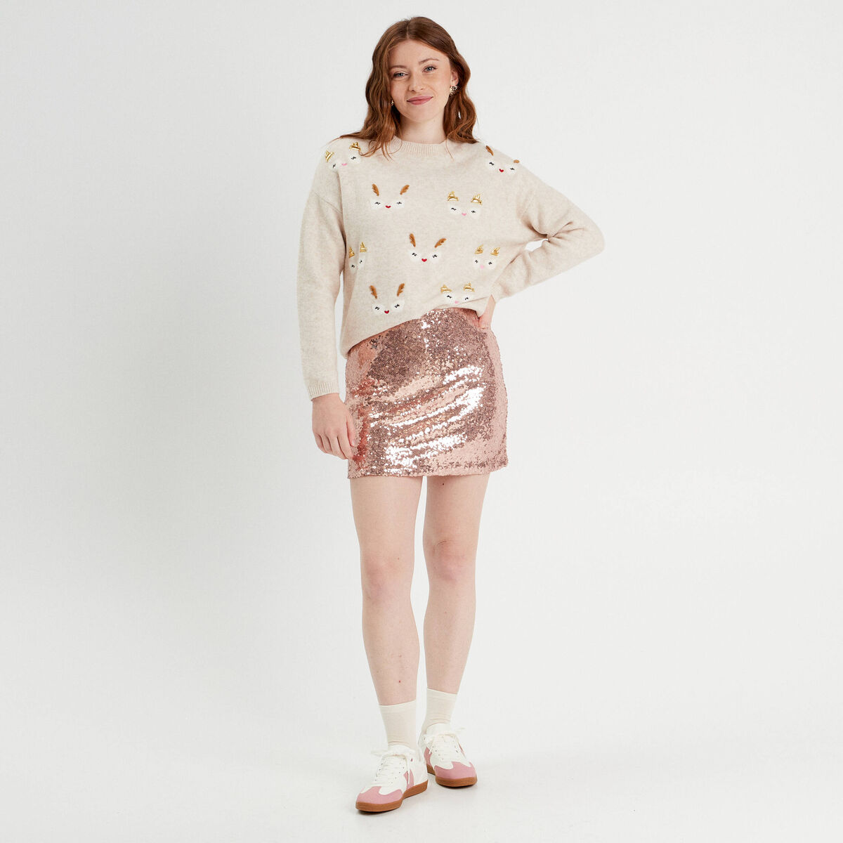 Jupe-short droite sequins rose champagne femme