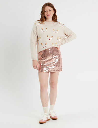 Jupe-short droite sequins rose champagne femme