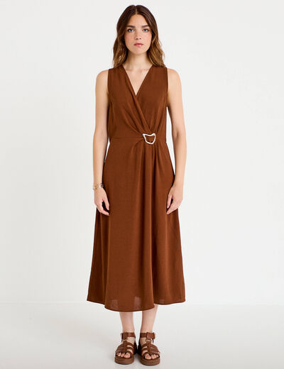 Robe droite 3/4 sans manches col v marron femme