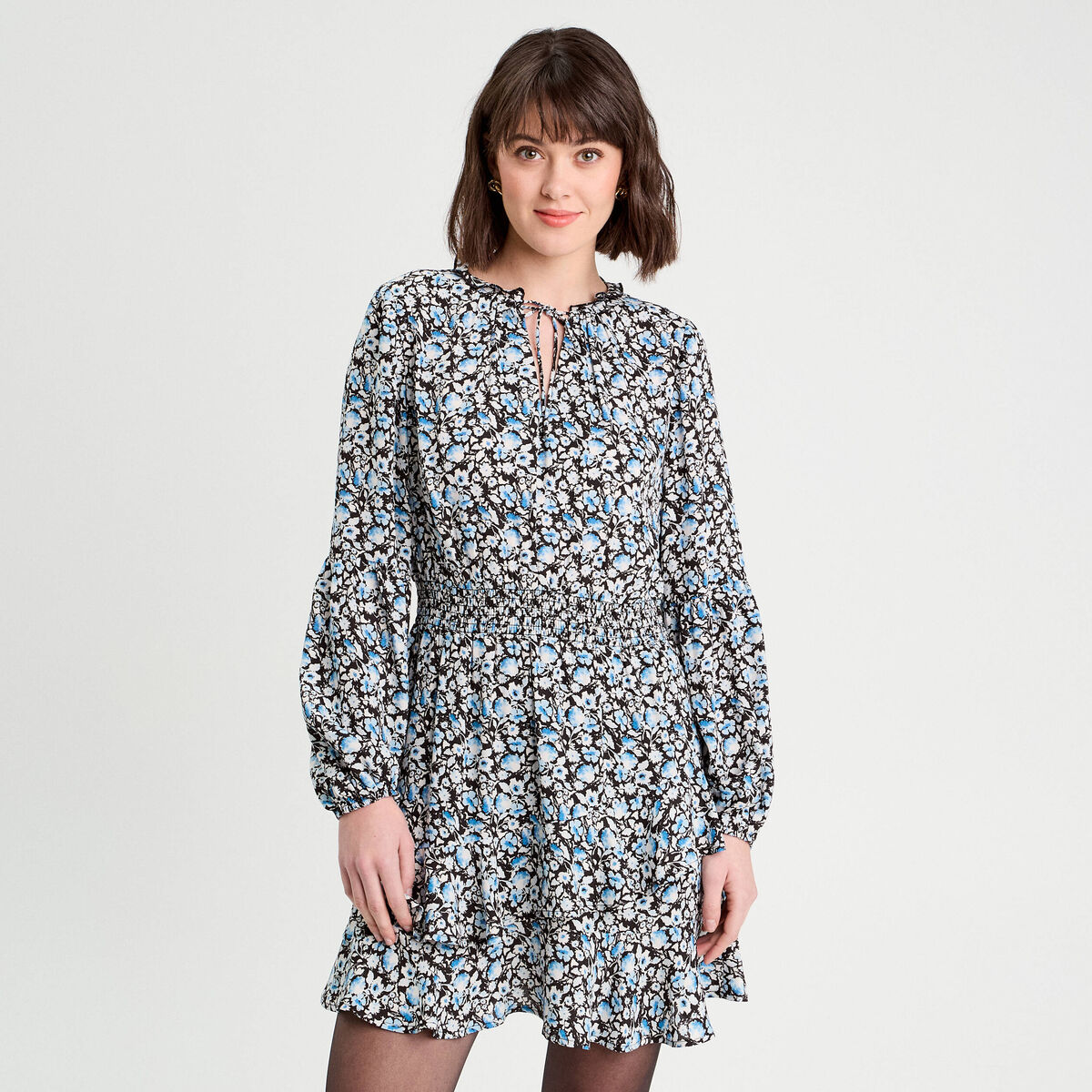 Robe évasée volantée noir femme