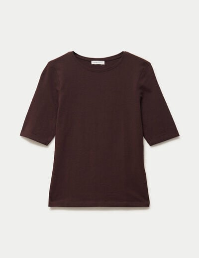 T-shirt ajust&eacute; col rond manches courtes marron fonc&eacute; femme