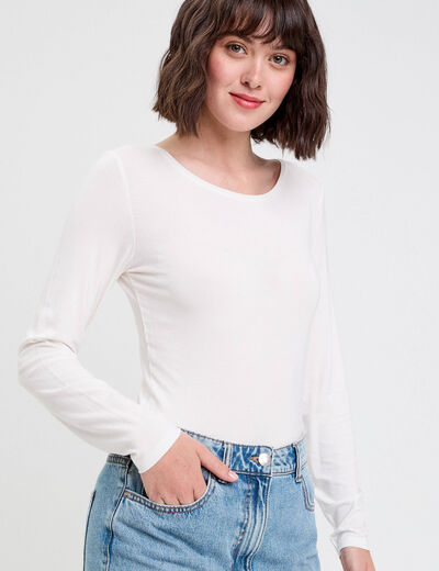 T-shirt uni à manches longues ecru femme