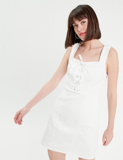 Robe ajustée col laçage jean ecru femme