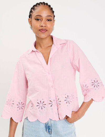 Blouse droite courte col chemise rose poudrée femme