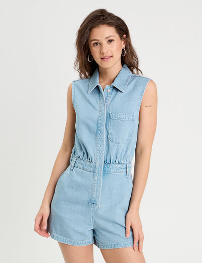 Combishort flare en jean denim bleach femme