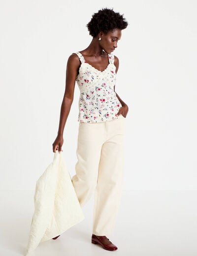 Jeans barrel broderie taille basse ecru femme