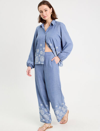 Blouse manches longues brodée bleu femme