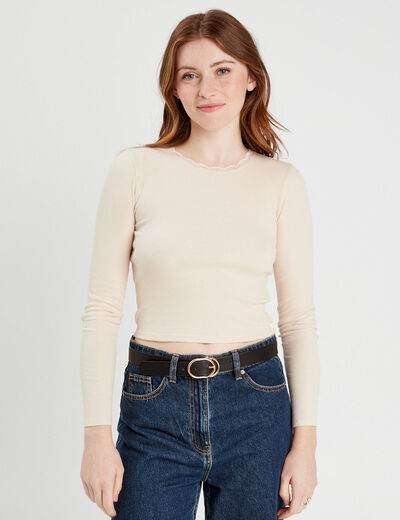 T-shirt cropped côtelé ecru femme