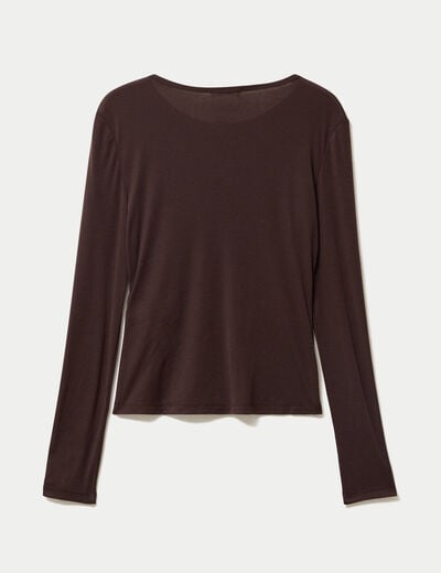 Gilet ajust&eacute; col rond manches longues marron fonc&eacute; femme