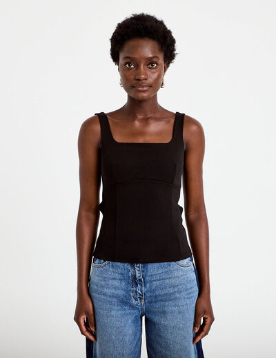Top cintr&eacute; sans manches col carr&eacute; noir femme
