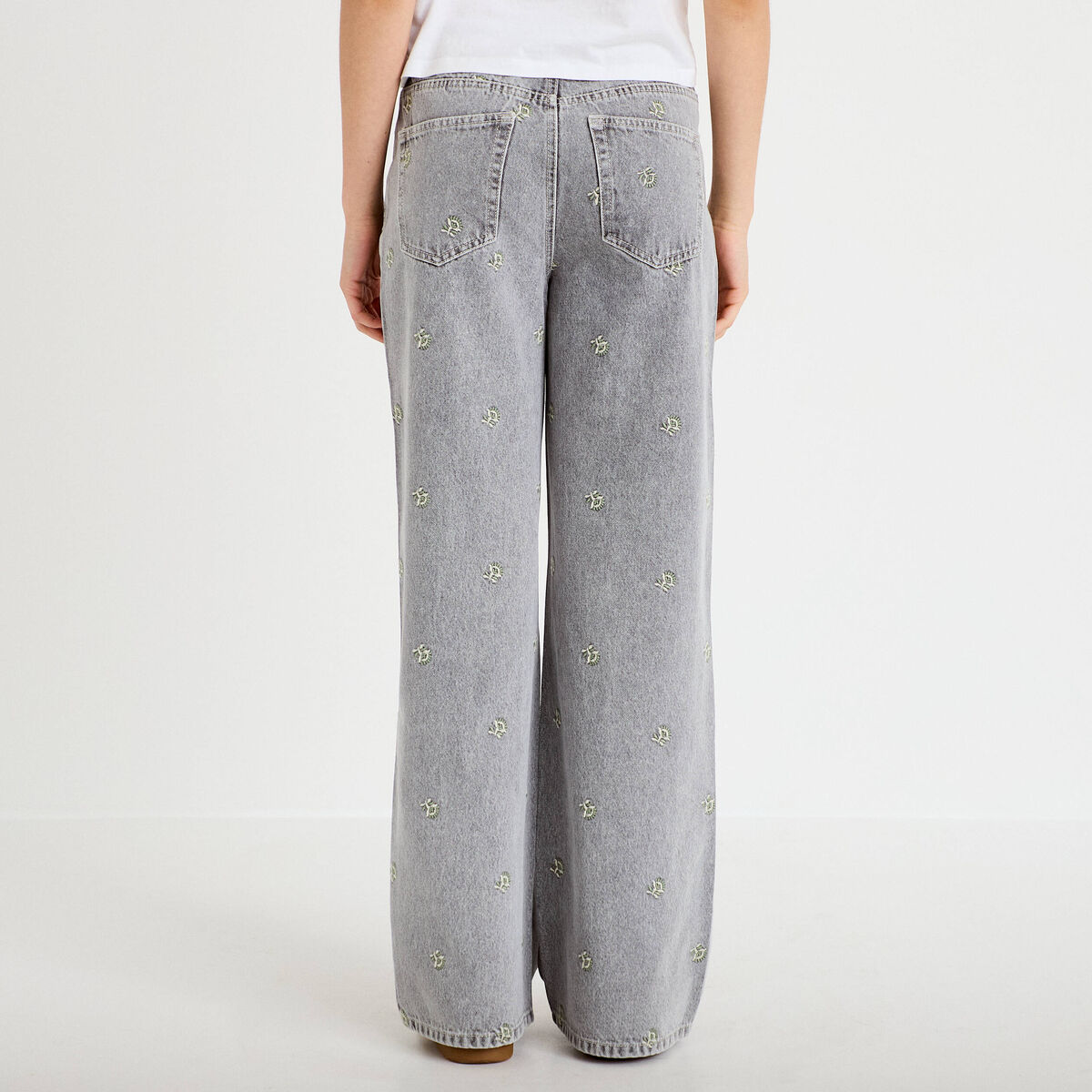 Jean wide leg taille haute brod&eacute; denim gris femme