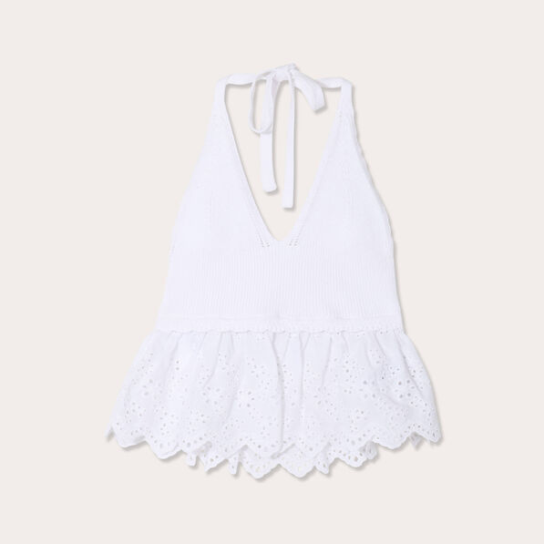 Crop top tricot avec broderie blanc femme