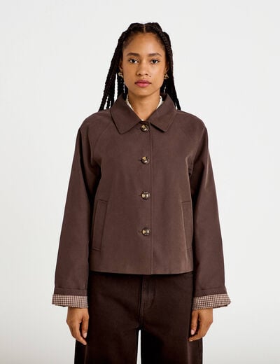 Veste courte boutonn&eacute;e doublure vichy marron fonc&eacute; femme