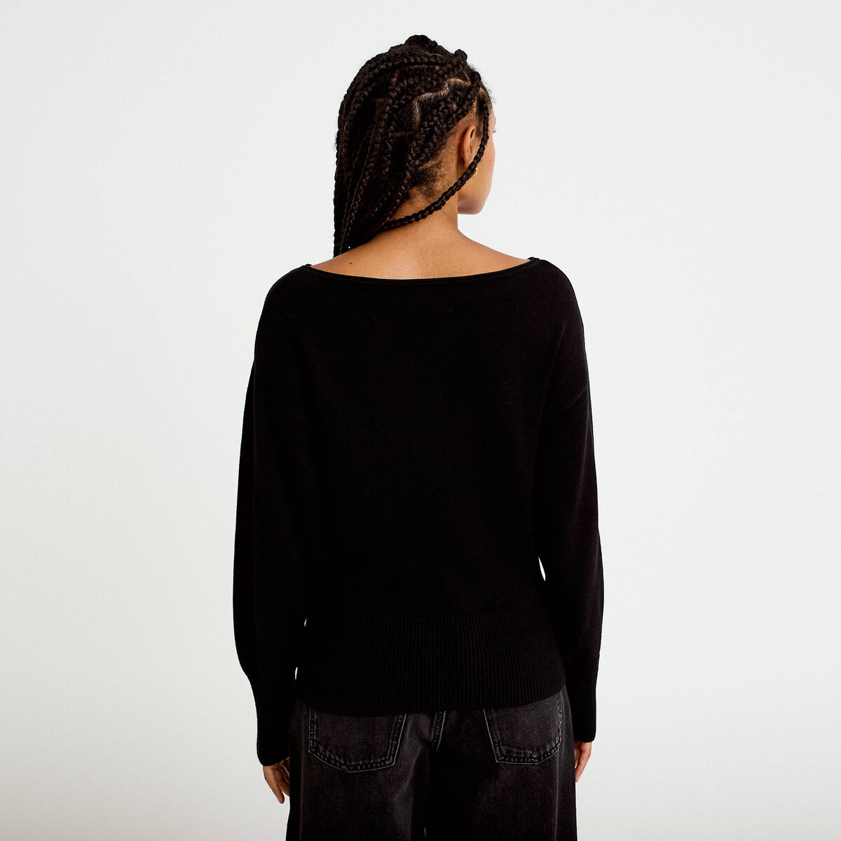 Pull oversize col bateau manches longues noir femme