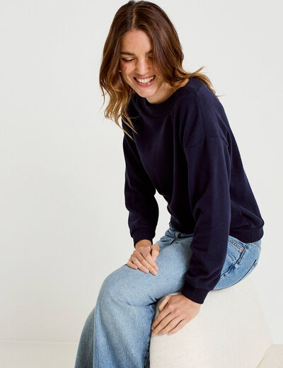 Sweat duveteux col rond manches longues bleu marine femme