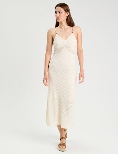 Robe longue évasée ajourée ecru femme